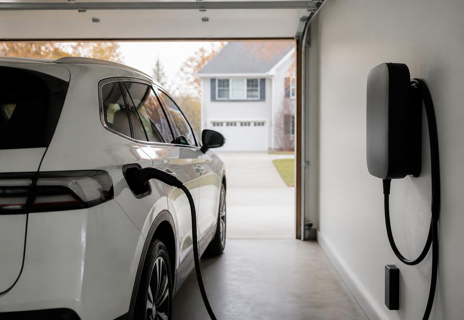 Level 2 EV charger mounted on a residential garage wall in Indiana