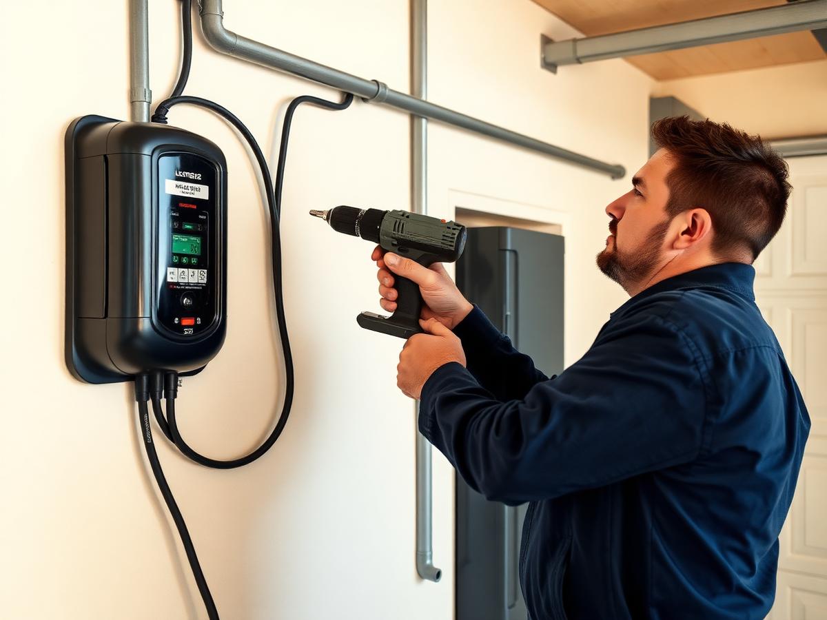 Licensed electrician installing a Level 2 EV charger for a homeowner near Bloomington, Indiana